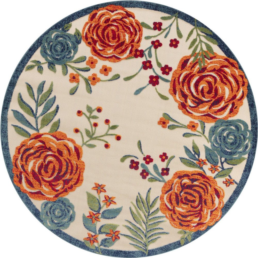 8' Ivory Orange Green And Blue Round Floral Indoor Outdoor Area Rug HomeRoots