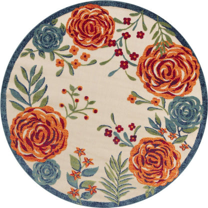 8' Ivory Orange Green And Blue Round Floral Indoor Outdoor Area Rug HomeRoots