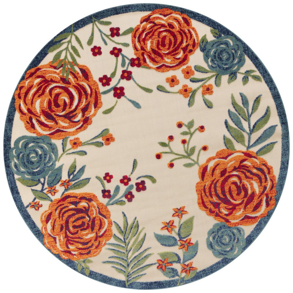 8' Ivory Orange Green And Blue Round Floral Indoor Outdoor Area Rug HomeRoots
