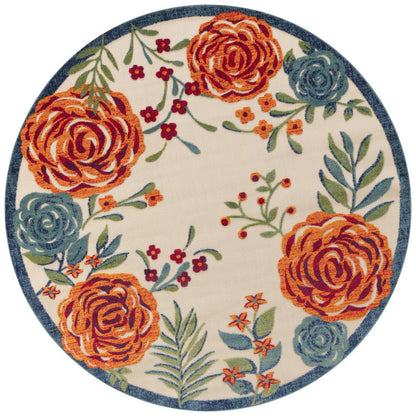 8' Ivory Orange Green And Blue Round Floral Indoor Outdoor Area Rug HomeRoots