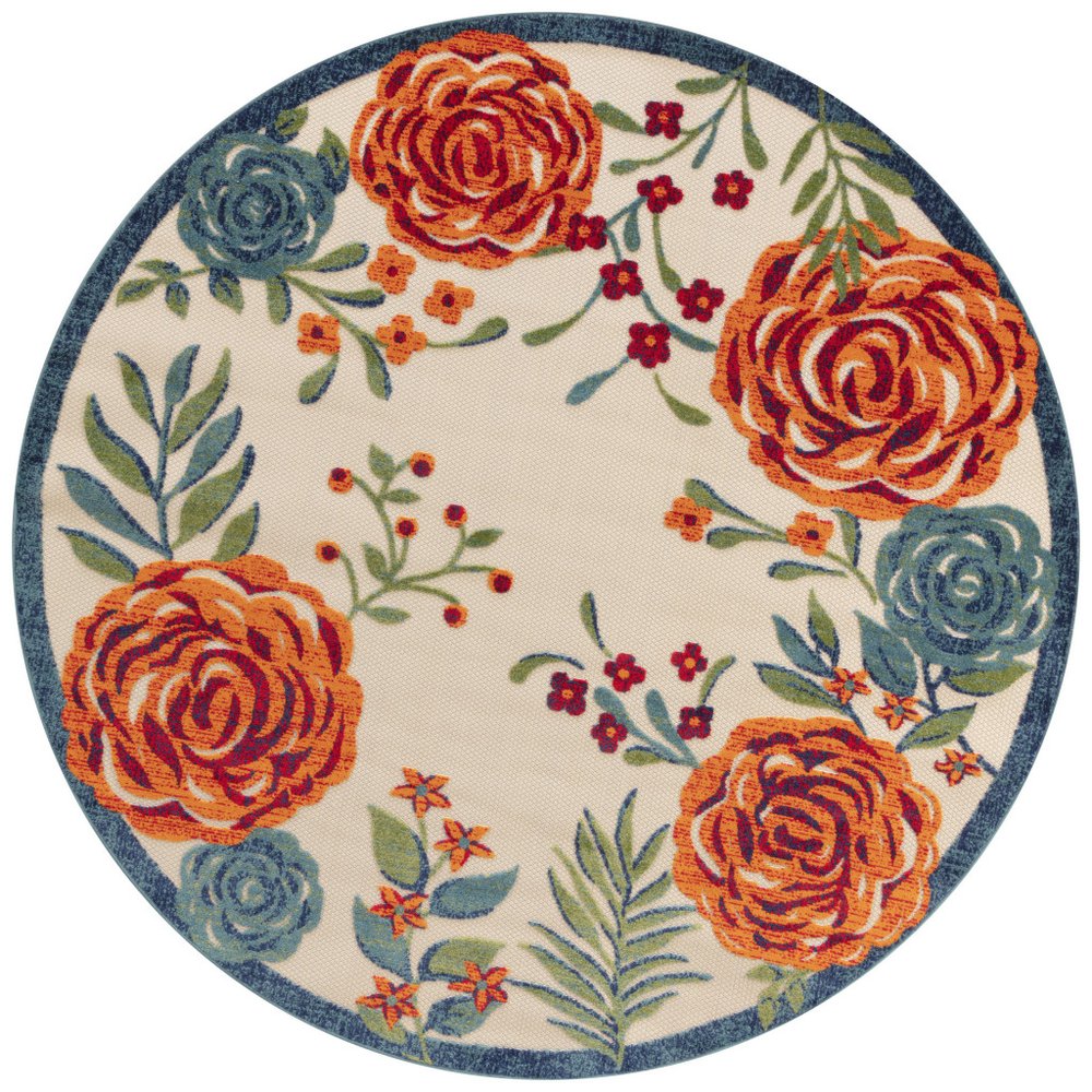 8' Ivory Orange Green And Blue Round Floral Indoor Outdoor Area Rug HomeRoots