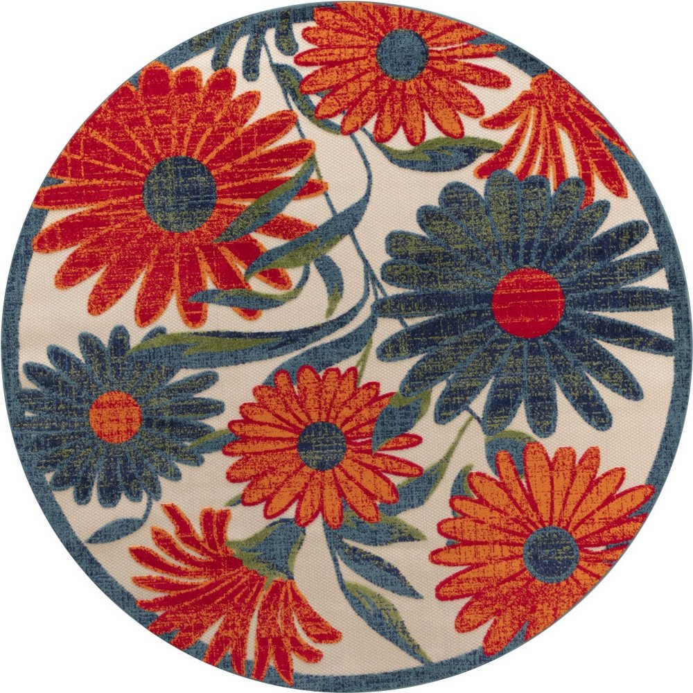 8' Ivory Orange And Blue Round Floral Indoor Outdoor Area Rug HomeRoots