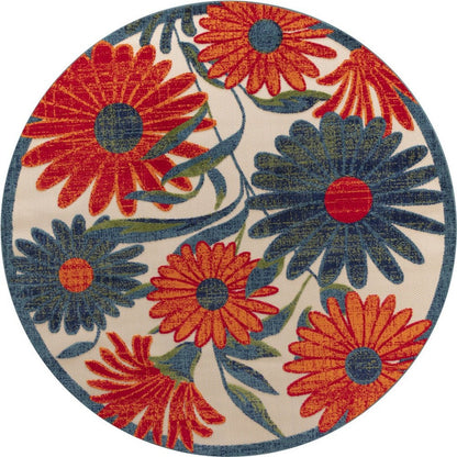 8' Ivory Orange And Blue Round Floral Indoor Outdoor Area Rug HomeRoots