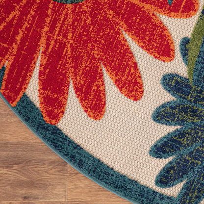 8' Ivory Orange And Blue Round Floral Indoor Outdoor Area Rug HomeRoots