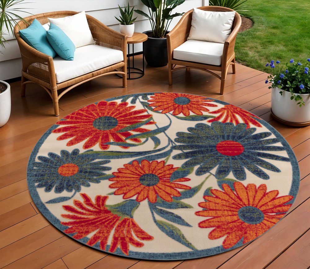 8' Ivory Orange And Blue Round Floral Indoor Outdoor Area Rug HomeRoots