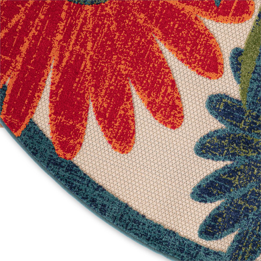 8' Ivory Orange And Blue Round Floral Indoor Outdoor Area Rug HomeRoots