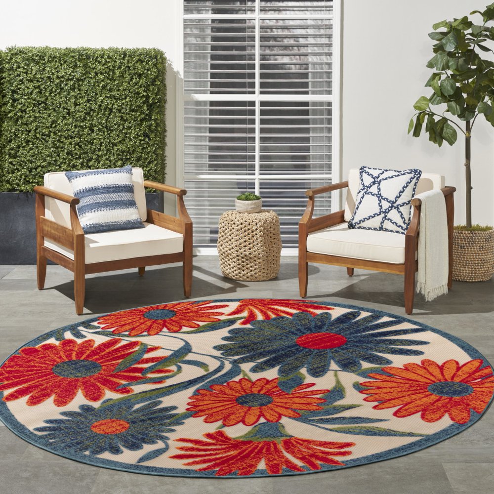 8' Ivory Orange And Blue Round Floral Indoor Outdoor Area Rug