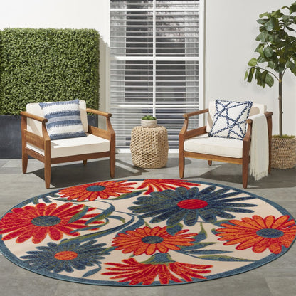 8' Ivory Orange And Blue Round Floral Indoor Outdoor Area Rug