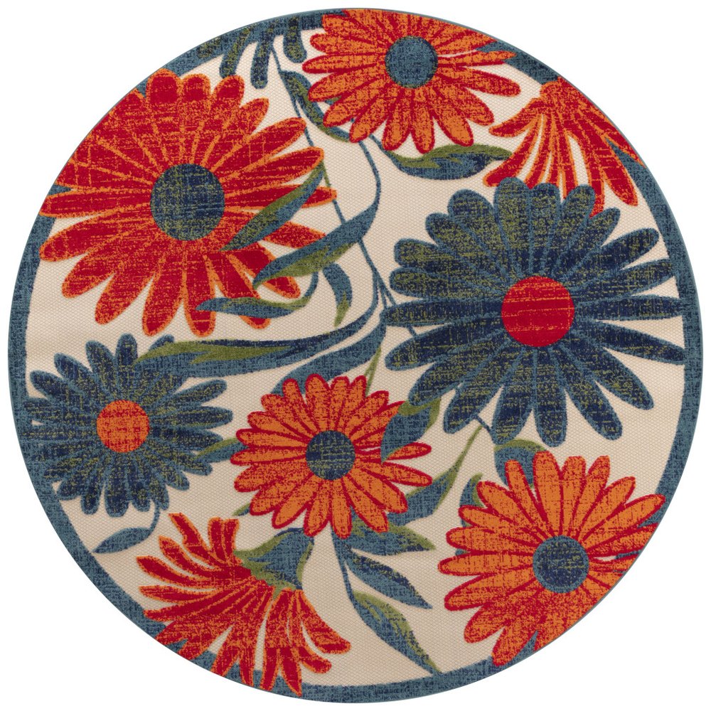 8' Ivory Orange And Blue Round Floral Indoor Outdoor Area Rug HomeRoots