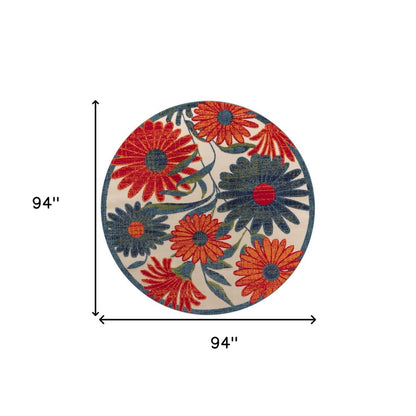 8' Ivory Orange And Blue Round Floral Indoor Outdoor Area Rug HomeRoots