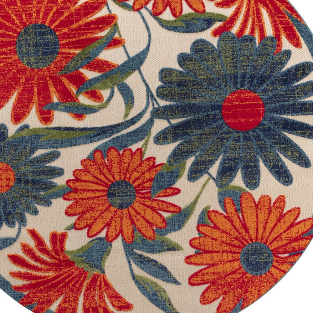 8' Ivory Orange And Blue Round Floral Indoor Outdoor Area Rug HomeRoots