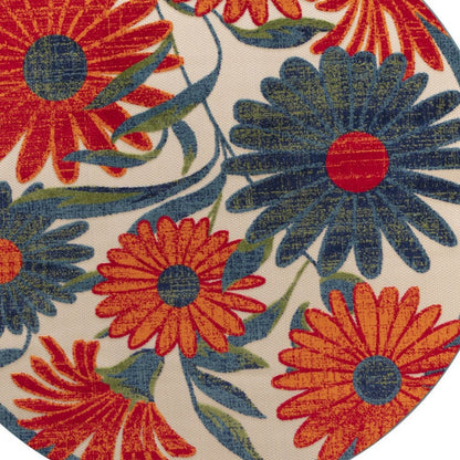 8' Ivory Orange And Blue Round Floral Indoor Outdoor Area Rug HomeRoots