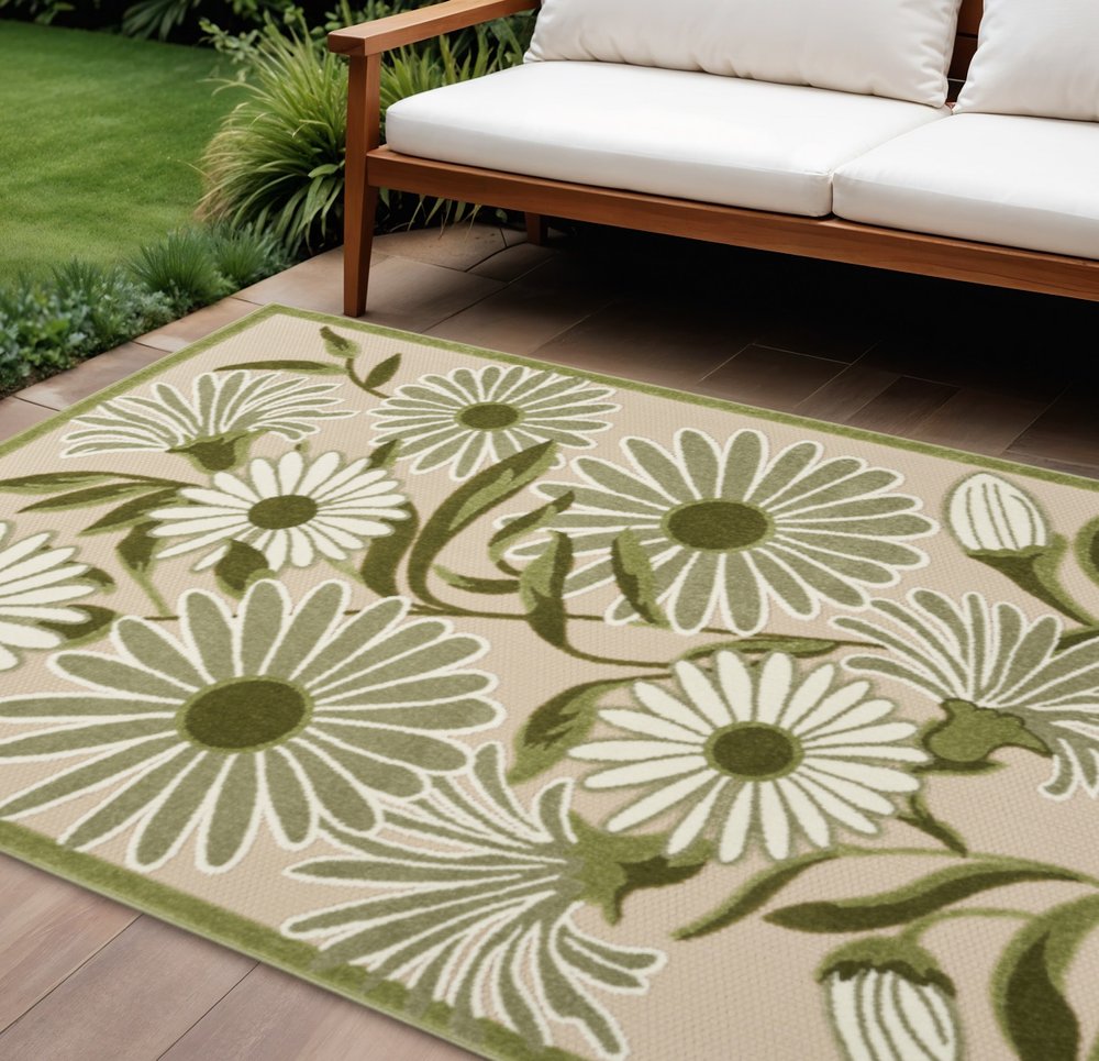6' X 9' Ivory And Green Floral Indoor Outdoor Area Rug HomeRoots