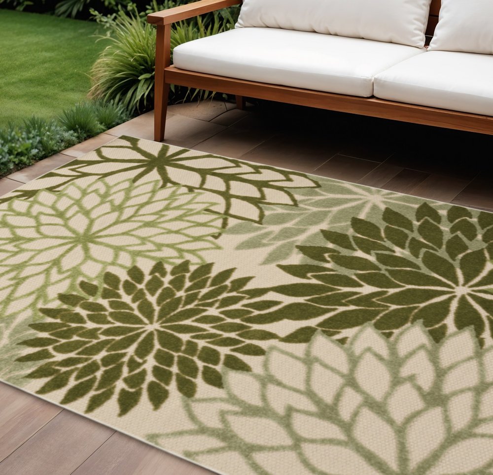 6' X 9' Ivory And Green Floral Indoor Outdoor Area Rug HomeRoots