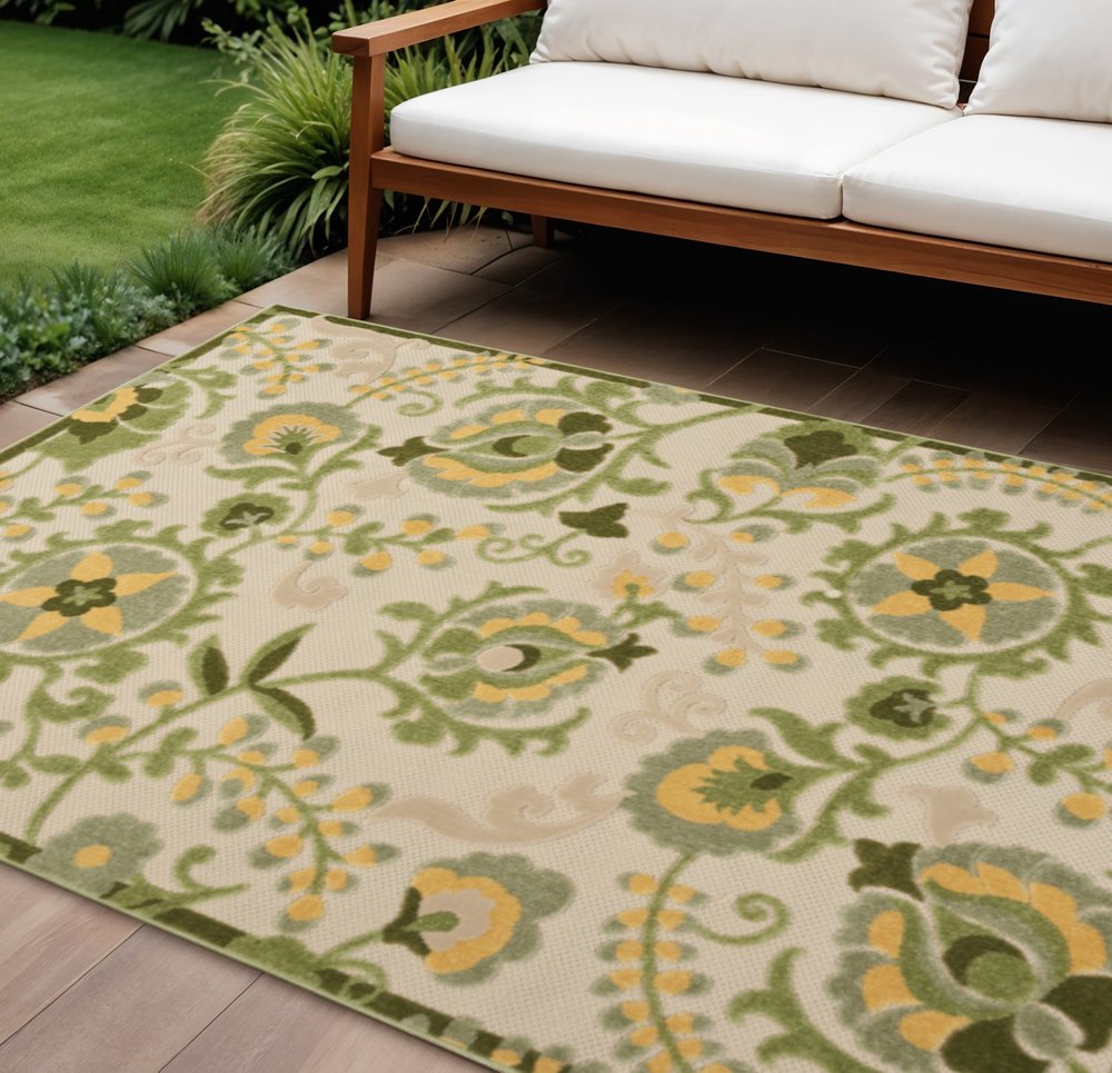 6' X 9' Ivory Green And Yellow Floral Indoor Outdoor Area Rug HomeRoots