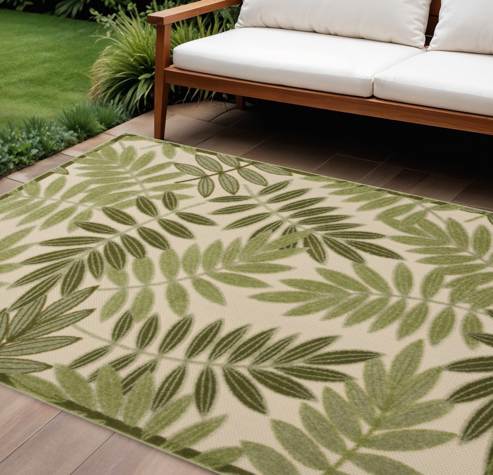 6' X 9' Ivory And Green Palm Leaf Indoor Outdoor Area Rug HomeRoots