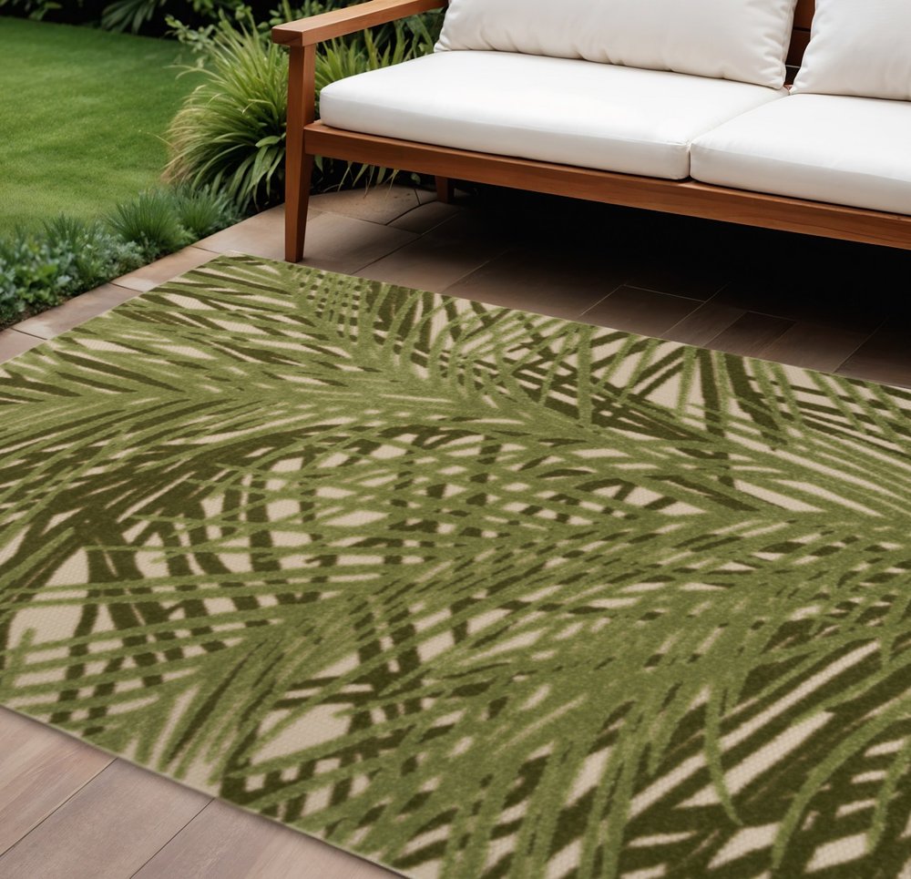 6' X 9' Ivory And Green Palm Leaf Indoor Outdoor Area Rug — view 4