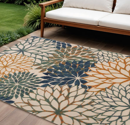 8' X 11' Blue Green And Orange Floral Indoor Outdoor Area Rug HomeRoots