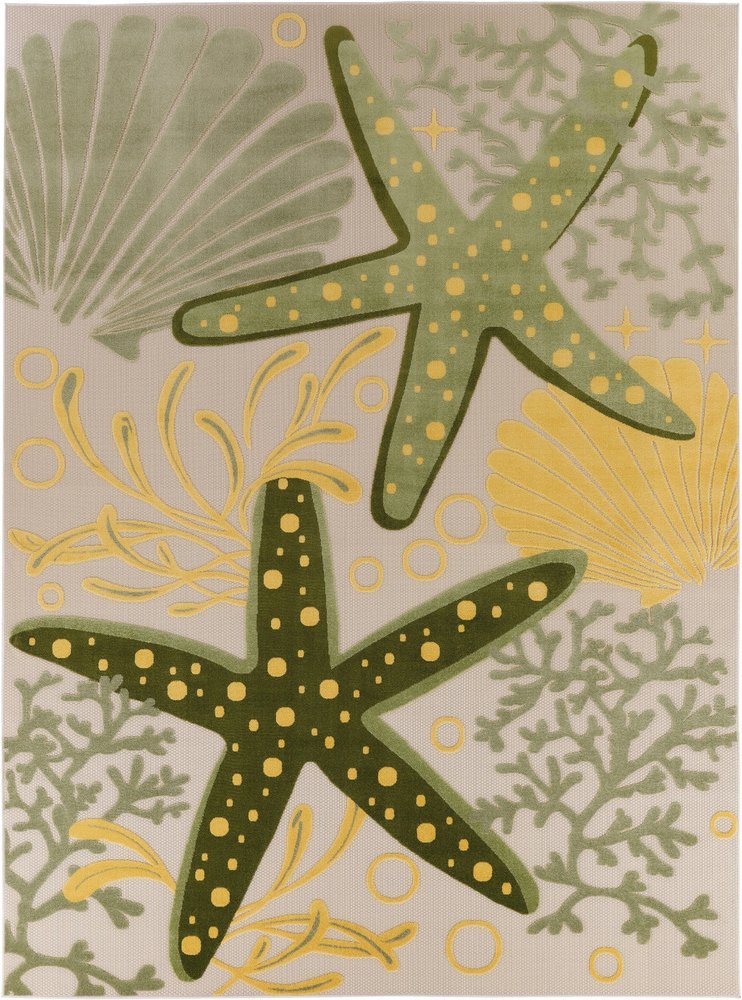 8' X 11' Ivory Green And Yellow Starfish Indoor Outdoor Area Rug HomeRoots