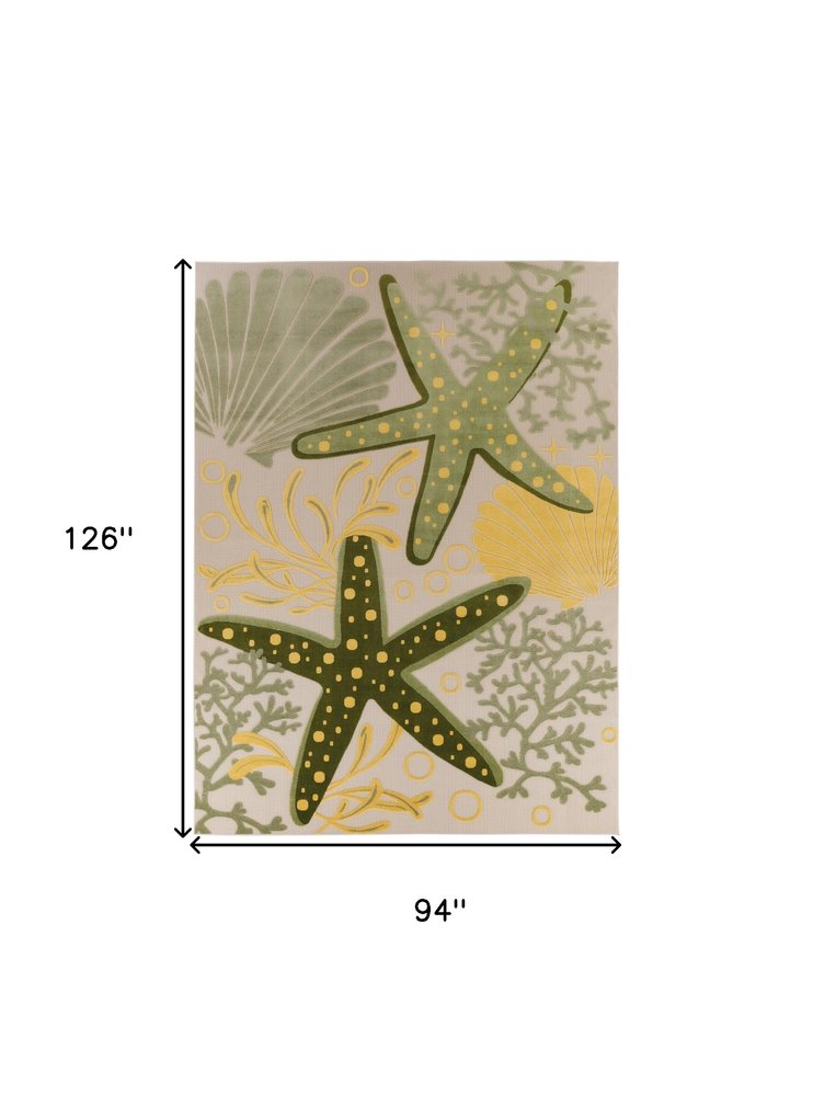 8' X 11' Ivory Green And Yellow Starfish Indoor Outdoor Area Rug HomeRoots
