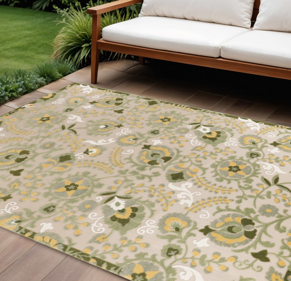 8' X 11' Ivory Green And Yellow Floral Indoor Outdoor Area Rug HomeRoots