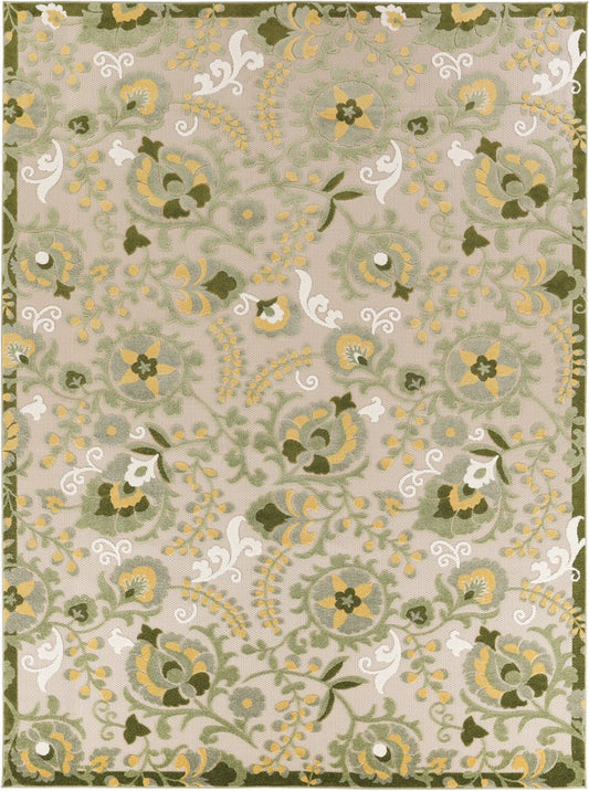 8' X 11' Ivory Green And Yellow Floral Indoor Outdoor Area Rug