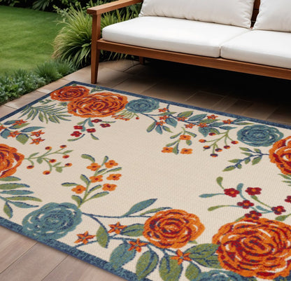 8' X 11' Ivory Blue And Orange Floral Indoor Outdoor Area Rug HomeRoots