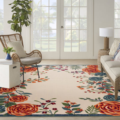 8' X 11' Ivory Blue And Orange Floral Indoor Outdoor Area Rug HomeRoots