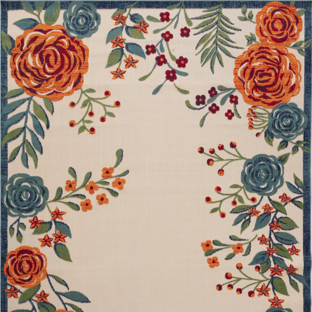 8' X 11' Ivory Blue And Orange Floral Indoor Outdoor Area Rug HomeRoots