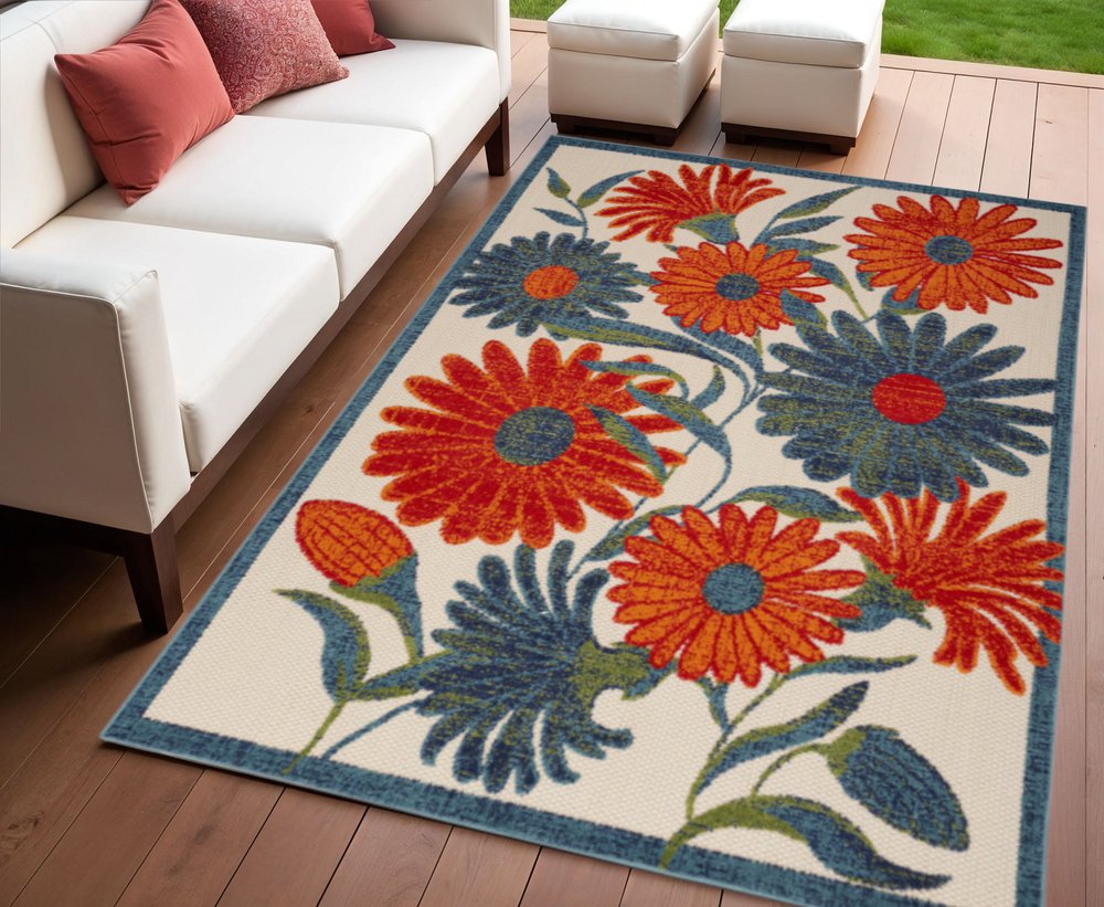 8' X 11' Ivory Blue And Orange Floral Indoor Outdoor Area Rug HomeRoots