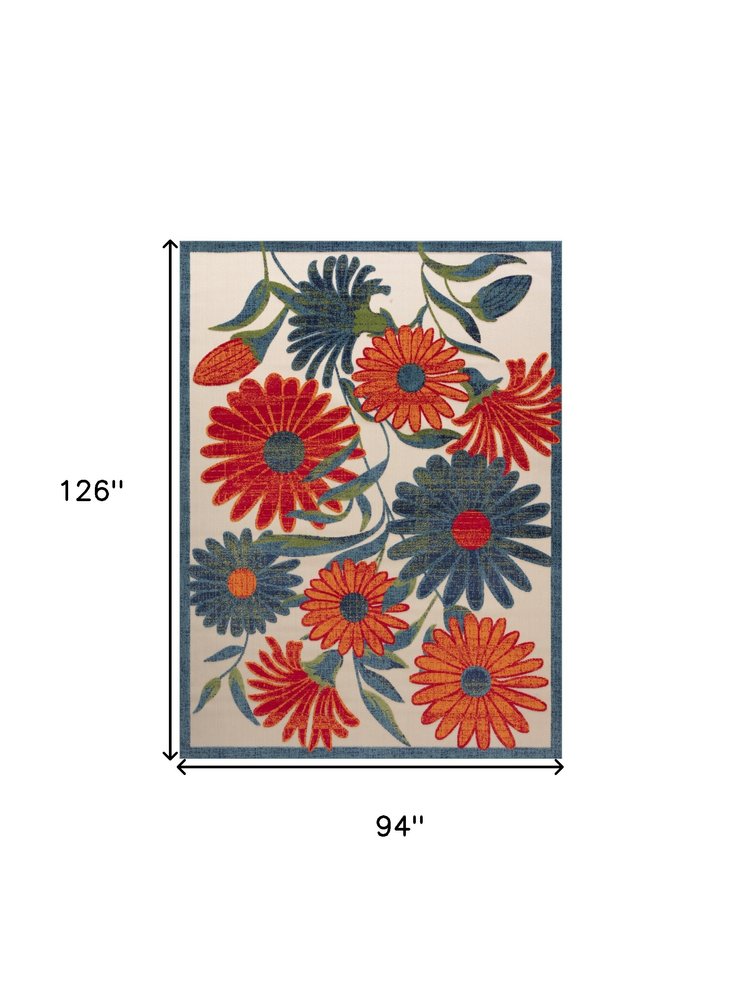 8' X 11' Ivory Blue And Orange Floral Indoor Outdoor Area Rug HomeRoots