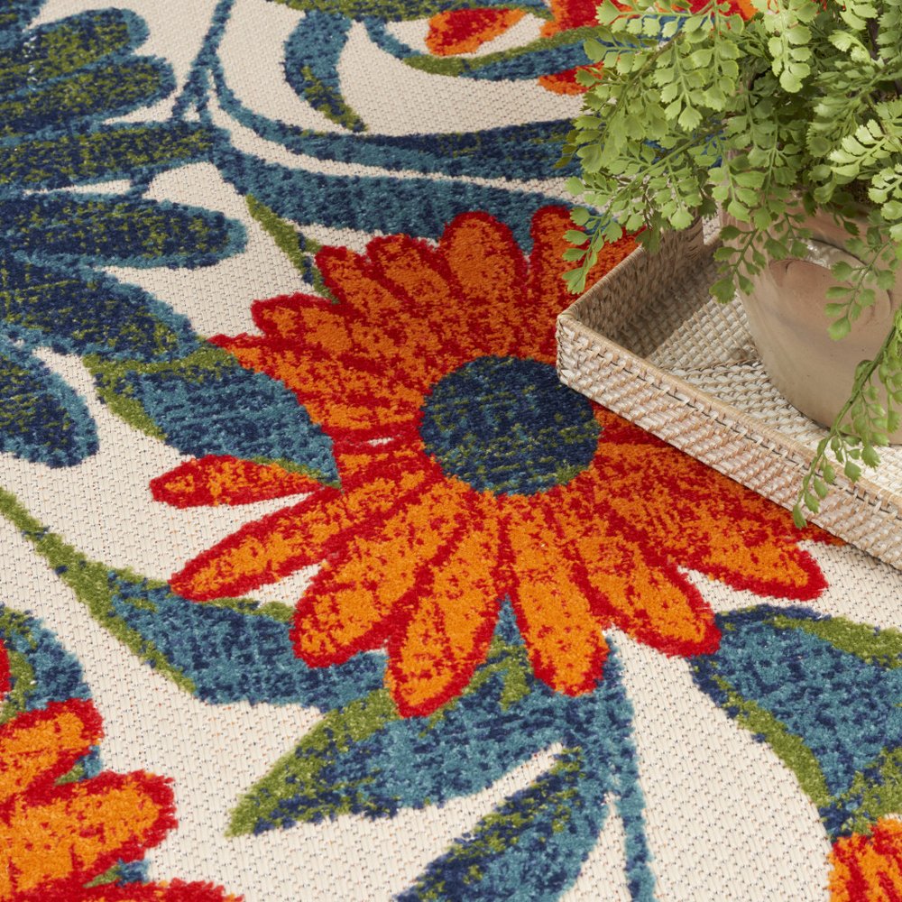 8' X 11' Ivory Blue And Orange Floral Indoor Outdoor Area Rug HomeRoots