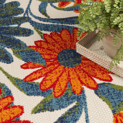 8' X 11' Ivory Blue And Orange Floral Indoor Outdoor Area Rug HomeRoots