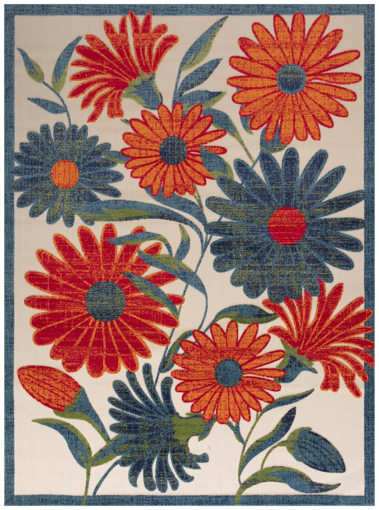 8' X 11' Ivory Blue And Orange Floral Indoor Outdoor Area Rug HomeRoots