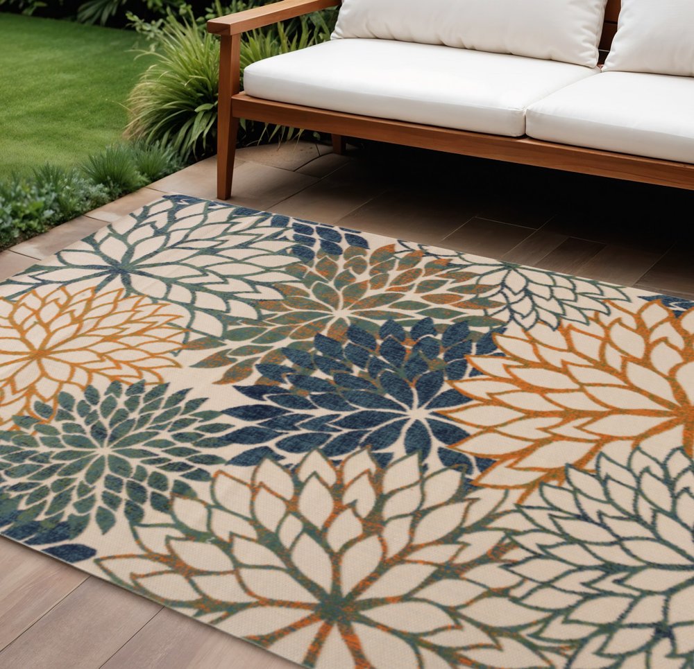 10' X 14' Blue Green And Orange Floral Indoor Outdoor Area Rug HomeRoots
