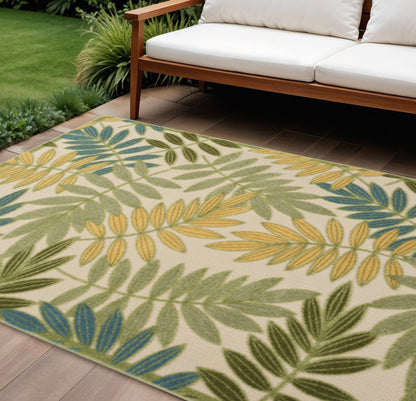 10' X 14' Ivory Green Yellow Blue And Dark Green Palm Leaf Indoor Outdoor Area Rug HomeRoots