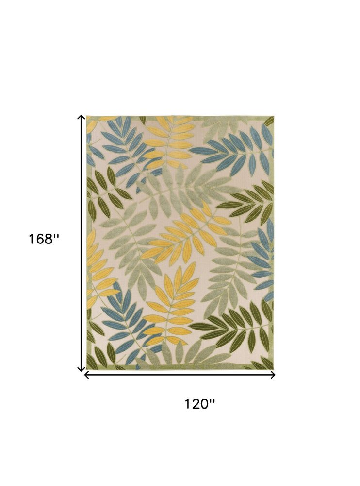 10' X 14' Ivory Green Yellow Blue And Dark Green Palm Leaf Indoor Outdoor Area Rug HomeRoots
