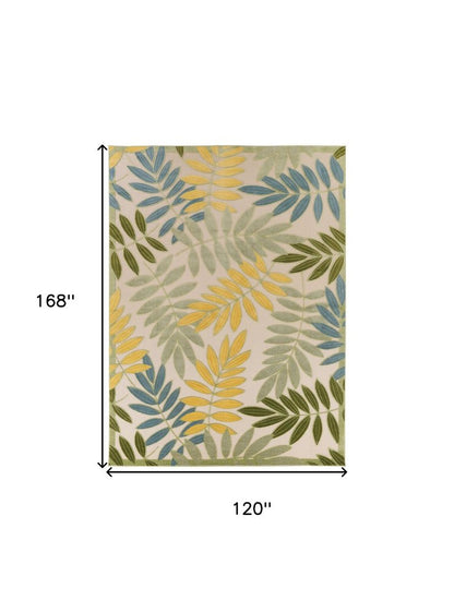 10' X 14' Ivory Green Yellow Blue And Dark Green Palm Leaf Indoor Outdoor Area Rug HomeRoots