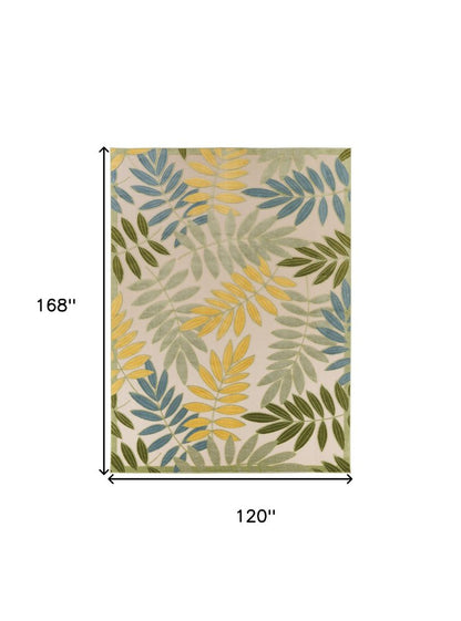 10' X 14' Ivory Green Yellow Blue And Dark Green Palm Leaf Indoor Outdoor Area Rug HomeRoots