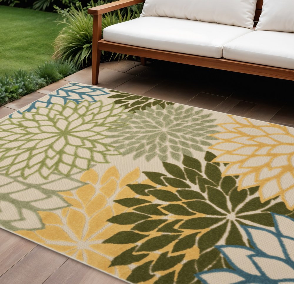 10' X 14' Ivory Green Yellow Blue And Dark Green Floral Indoor Outdoor Area Rug HomeRoots