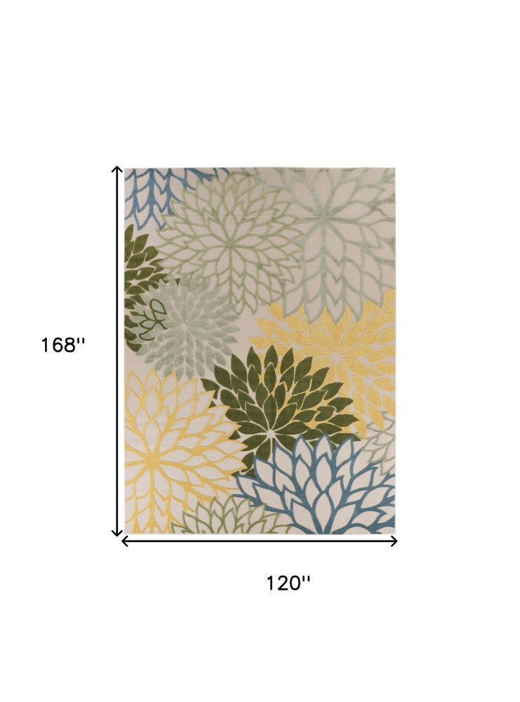 10' X 14' Ivory Green Yellow Blue And Dark Green Floral Indoor Outdoor Area Rug HomeRoots