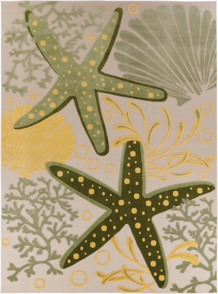 10' X 14' Ivory Green Yellow Blue And Dark Green Starfish Indoor Outdoor Area Rug HomeRoots