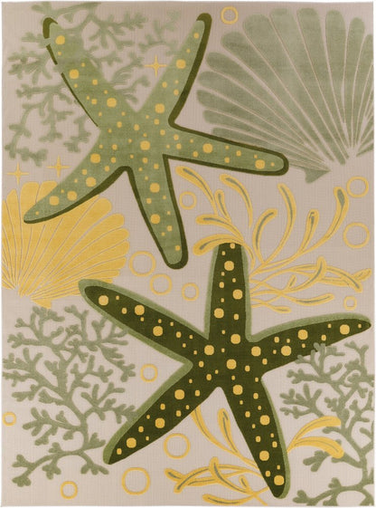 10' X 14' Ivory Green Yellow Blue And Dark Green Starfish Indoor Outdoor Area Rug HomeRoots
