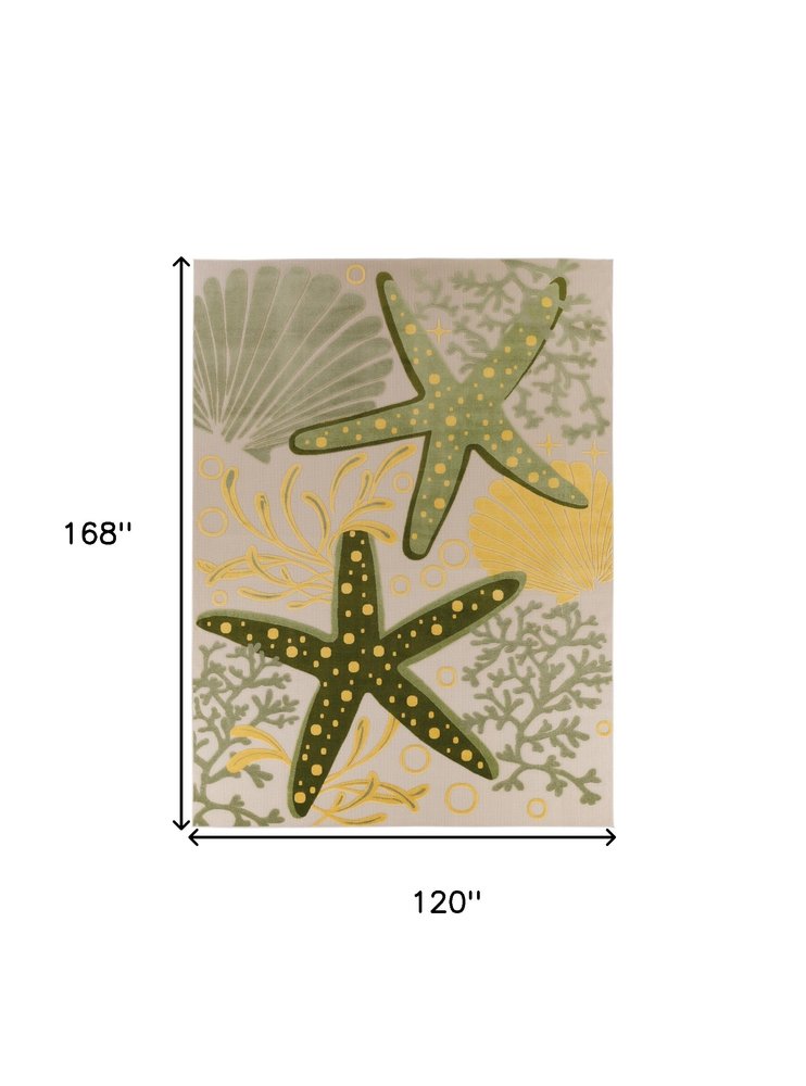 10' X 14' Ivory Green Yellow Blue And Dark Green Starfish Indoor Outdoor Area Rug HomeRoots