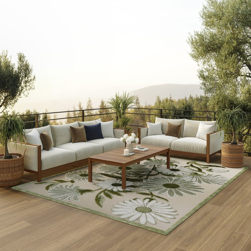 10' X 14' Ivory And Green Floral Indoor Outdoor Area Rug HomeRoots