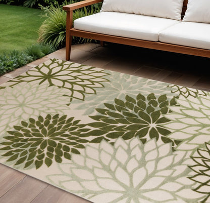 10' X 14' Ivory And Green Floral Indoor Outdoor Area Rug HomeRoots
