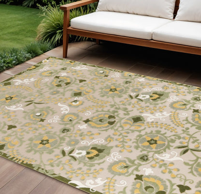 10' X 14' Ivory Green And Yellow Floral Indoor Outdoor Area Rug HomeRoots
