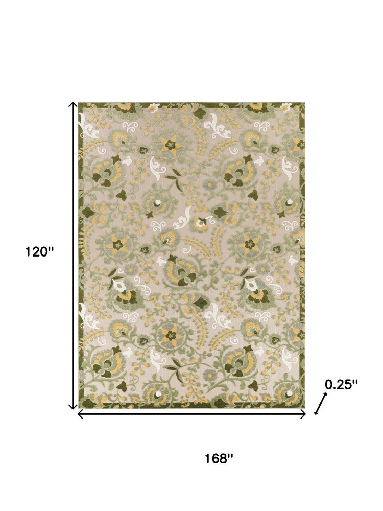 10' X 14' Ivory Green And Yellow Floral Indoor Outdoor Area Rug HomeRoots
