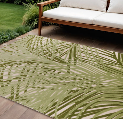 10' X 14' Ivory And Green Palm Leaf Indoor Outdoor Area Rug HomeRoots