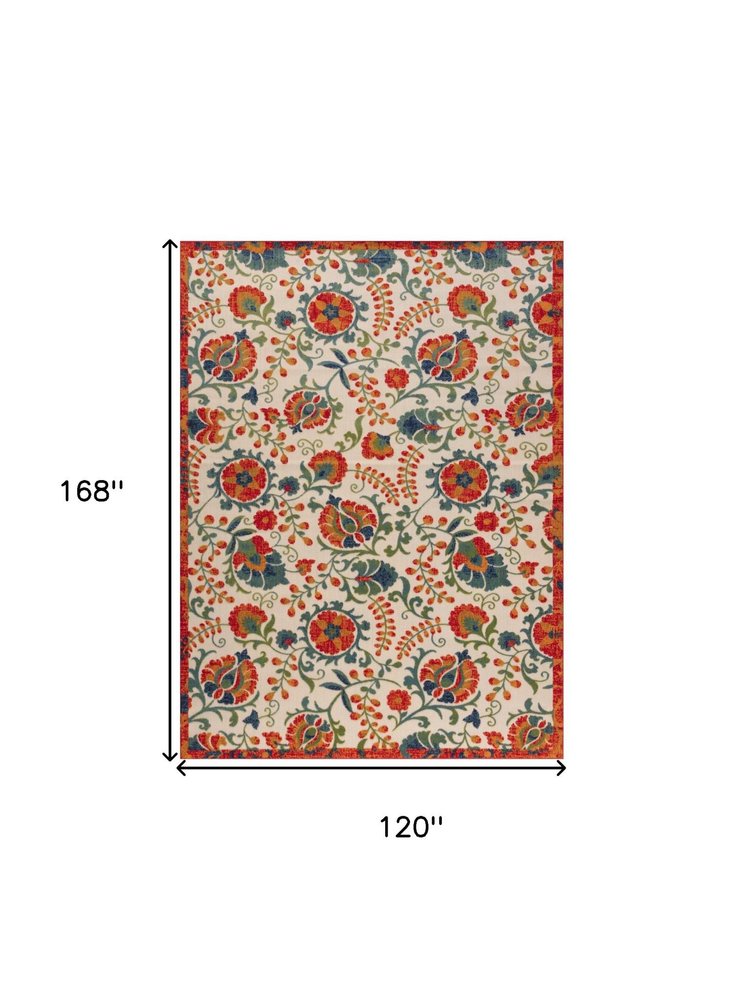 10' X 14' Ivory Orange Blue Green And Red Floral Indoor Outdoor Area Rug HomeRoots